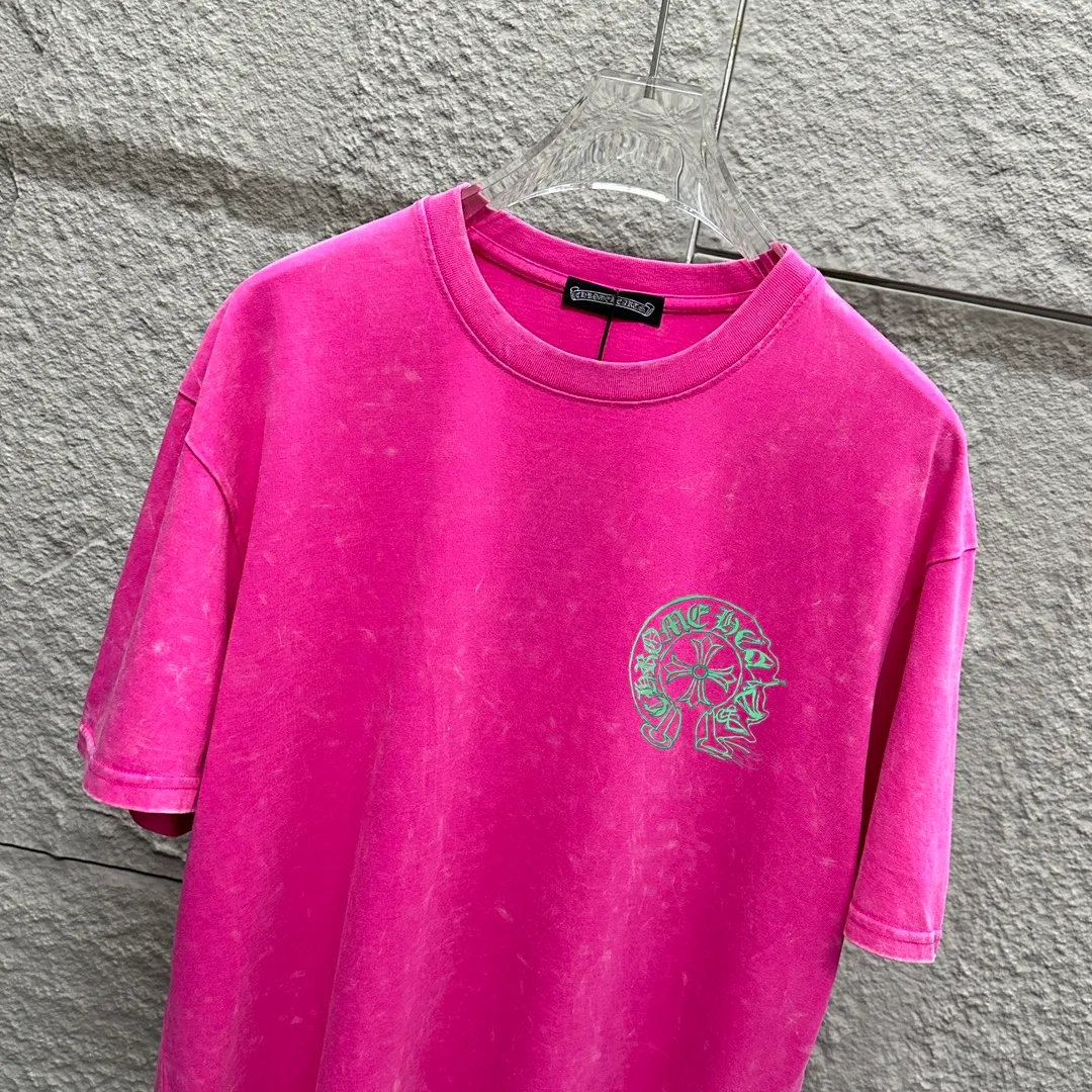 🅿️180 CH* Crow Heart* 2025 spring and summer new style Snowflake distressed washed retro round neck short sleeves Chest and front logo Horseshoe print Customized fabric Short-sleeved T-shirt Unisex Size: S M L XL XXL Color: Snowflake Black Snowflake Gray Snowflake Pink Snowflake Blue